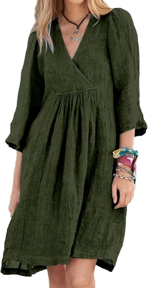 Womens Summer Spring Dresses Casual Cotton Linen V-Neck 3/4 Sleeve Ruffled Flowy Swing Mini Dress Vacation Outfit