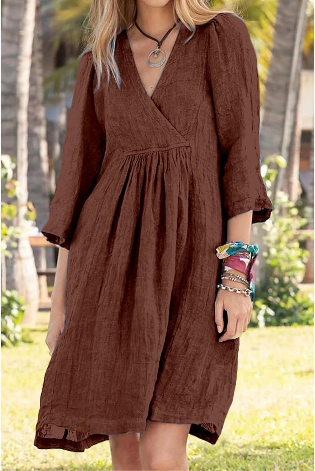 Womens Summer Spring Dresses Casual Cotton Linen V-Neck 3/4 Sleeve Ruffled Flowy Swing Mini Dress Vacation Outfit