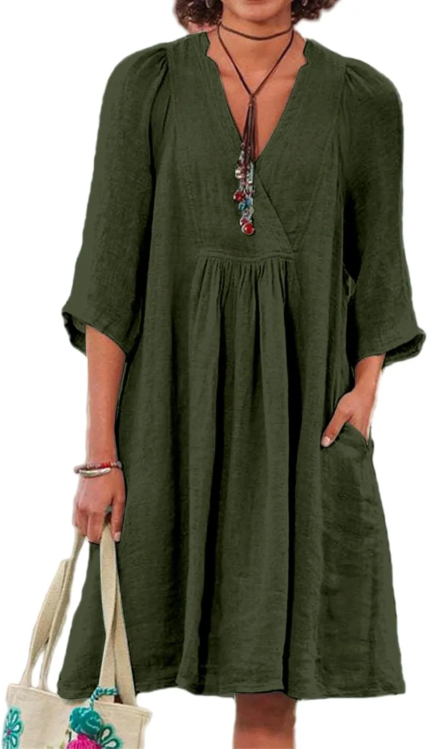 Womens Summer Spring Dresses Casual Cotton Linen V-Neck 3/4 Sleeve Ruffled Flowy Swing Mini Dress Vacation Outfit