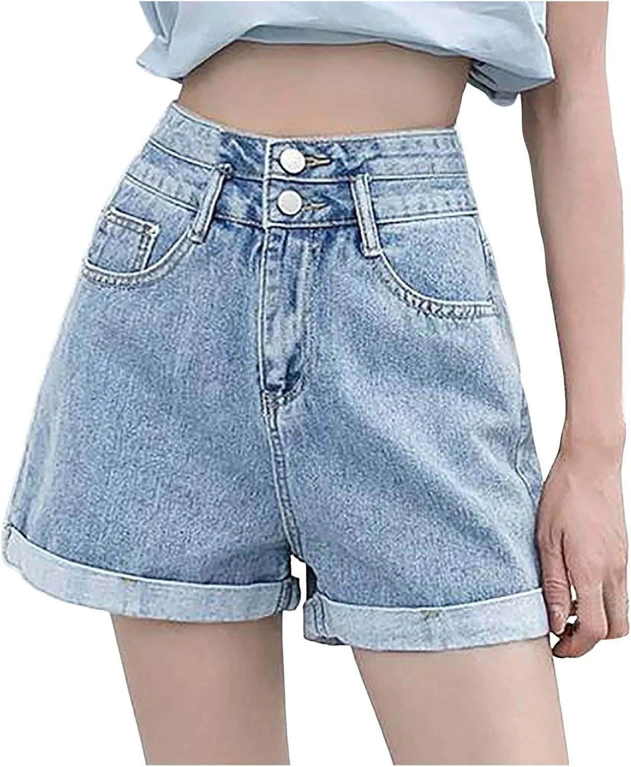 Womens Trendy Summer Denim Shorts A-Line High Waisted Folded Hem Jeans Shorts for Teen Girls Juniors Fashion Short Jeans