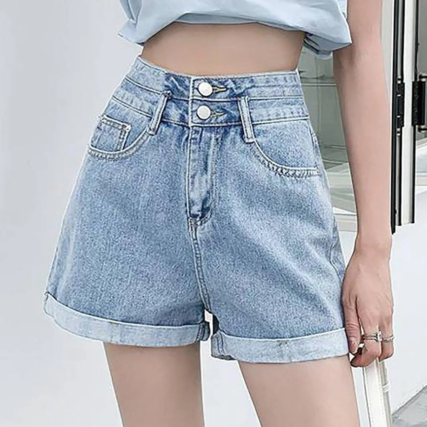 Womens Trendy Summer Denim Shorts A-Line High Waisted Folded Hem Jeans Shorts for Teen Girls Juniors Fashion Short Jeans