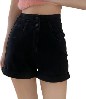 Womens Trendy Summer Denim Shorts A-Line High Waisted Folded Hem Jeans Shorts for Teen Girls Juniors Fashion Short Jeans