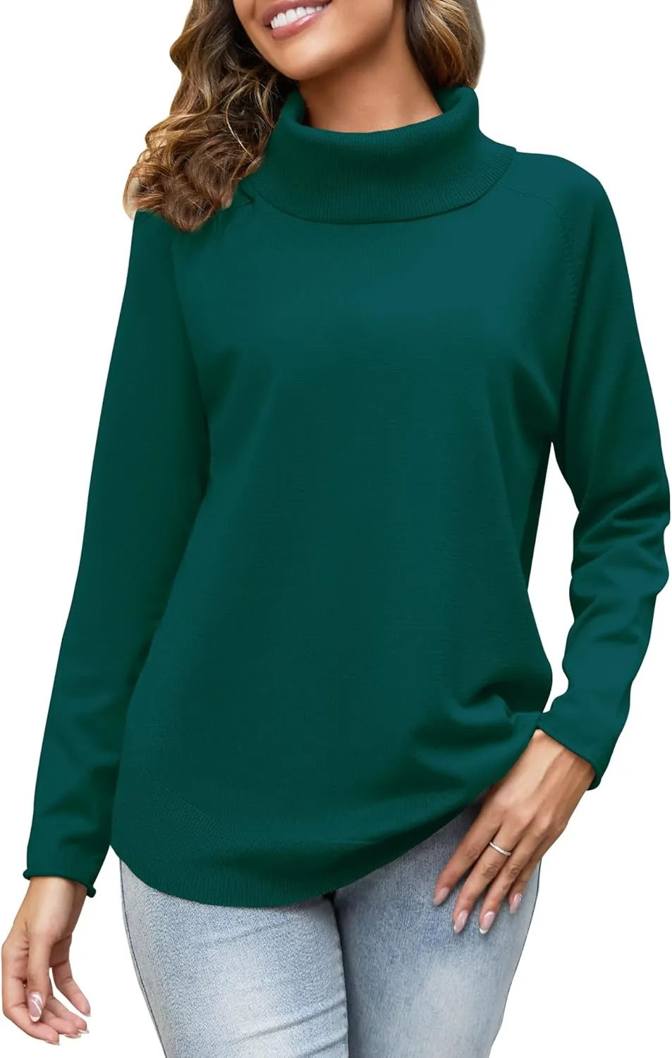 Women's Turtleneck Knit Pullover Long Sleeve Casual Oversized Curved Hemline Sweater Tops