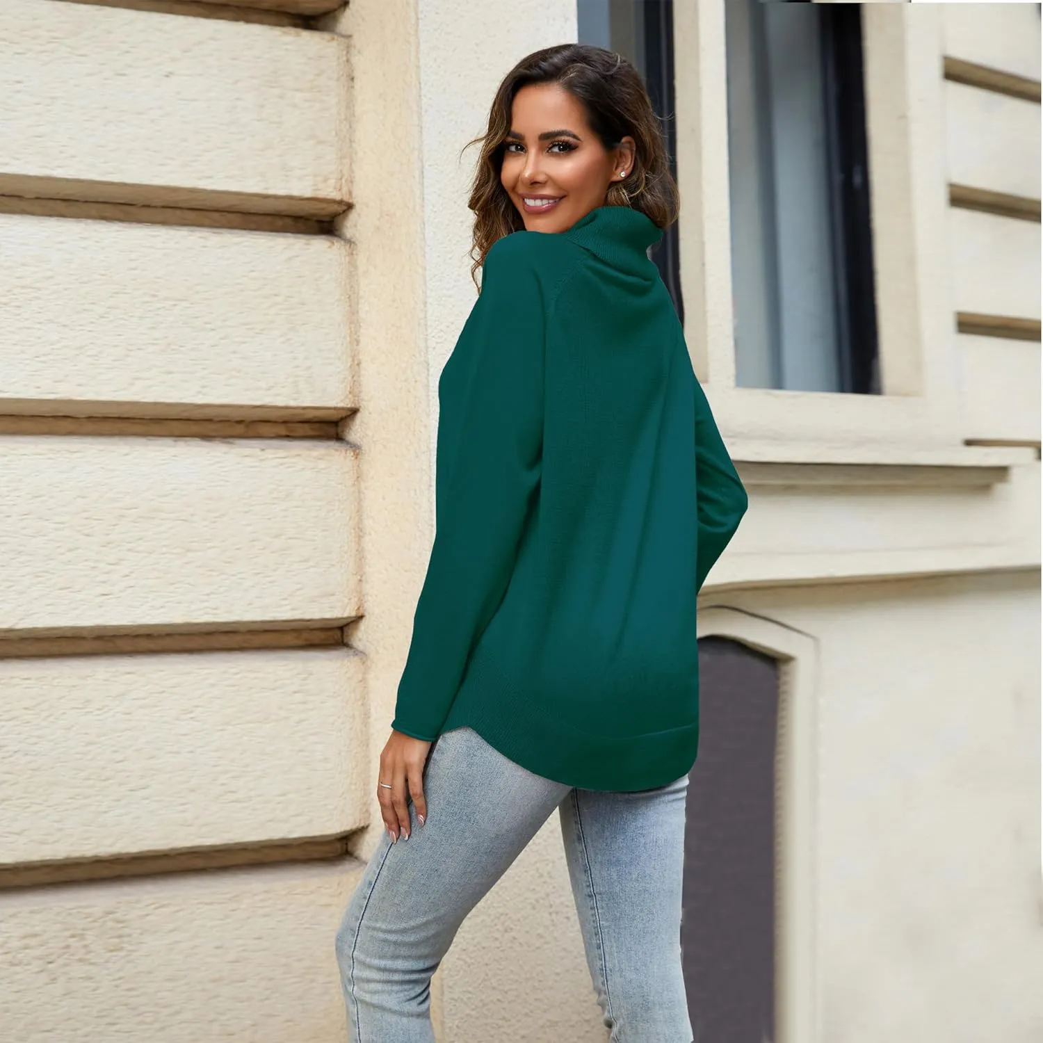 Women's Turtleneck Knit Pullover Long Sleeve Casual Oversized Curved Hemline Sweater Tops