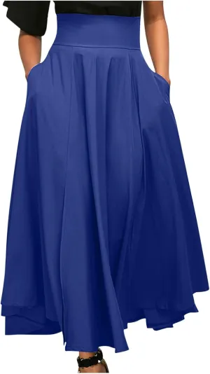 Women's Vintage Pleated Maxi Skirt Tummy Control Elegant Flowy Skirts with Pockets Party Evening High Waist Dress