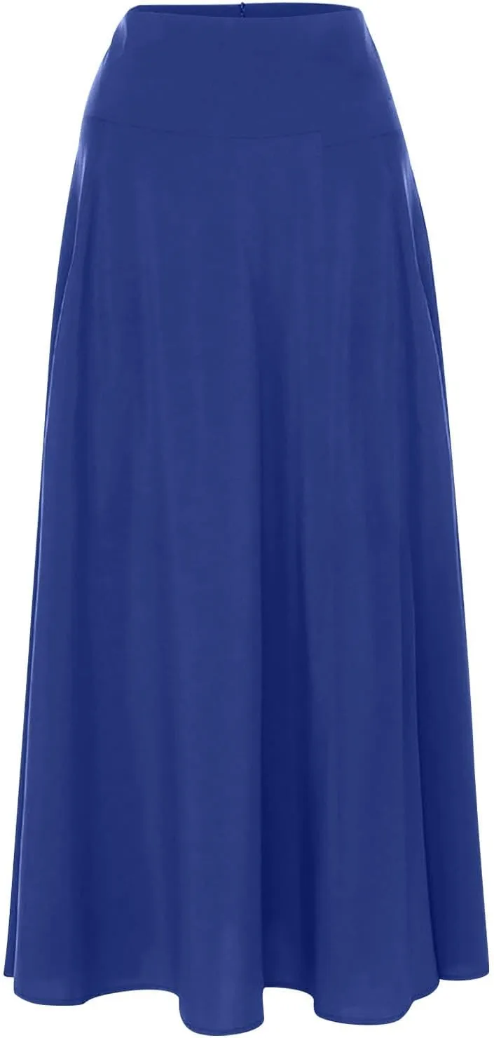 Women's Vintage Pleated Maxi Skirt Tummy Control Elegant Flowy Skirts with Pockets Party Evening High Waist Dress
