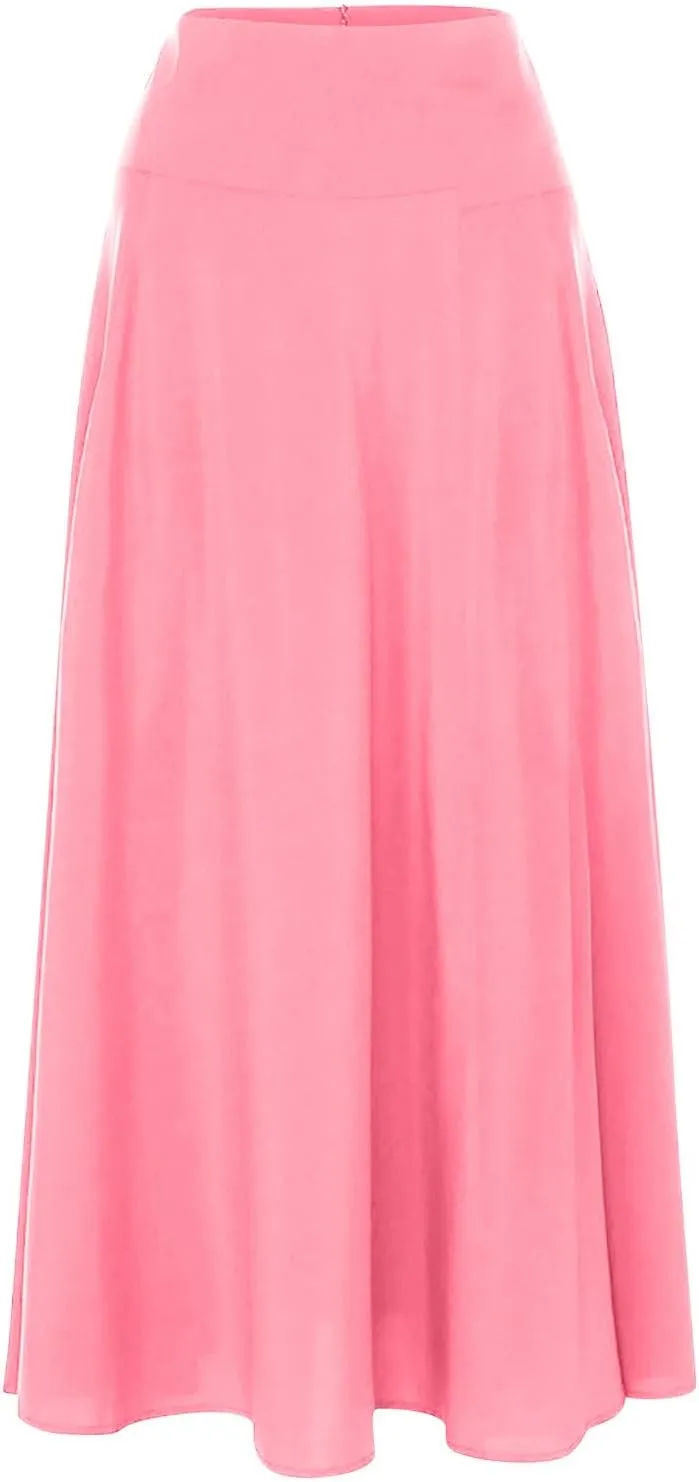 Women's Vintage Pleated Maxi Skirt Tummy Control Elegant Flowy Skirts with Pockets Party Evening High Waist Dress