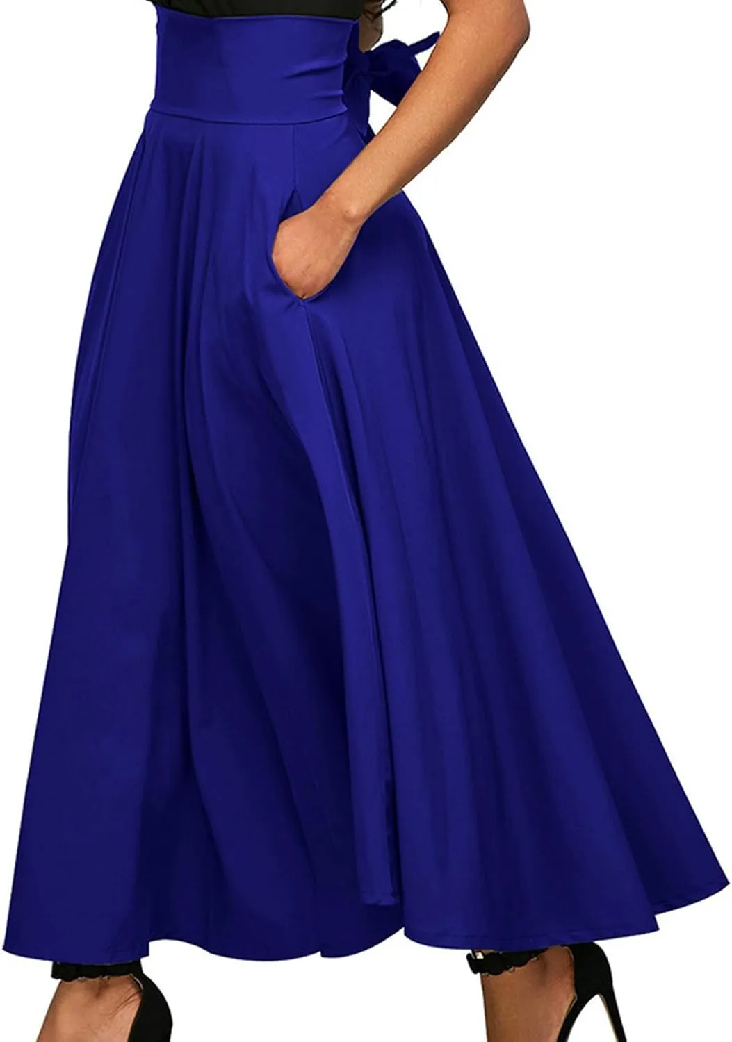 Women's Vintage Pleated Maxi Skirt Tummy Control Elegant Flowy Skirts with Pockets Party Evening High Waist Dress