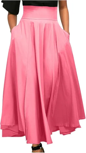 Women's Vintage Pleated Maxi Skirt Tummy Control Elegant Flowy Skirts with Pockets Party Evening High Waist Dress