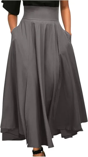 Women's Vintage Pleated Maxi Skirt Tummy Control Elegant Flowy Skirts with Pockets Party Evening High Waist Dress