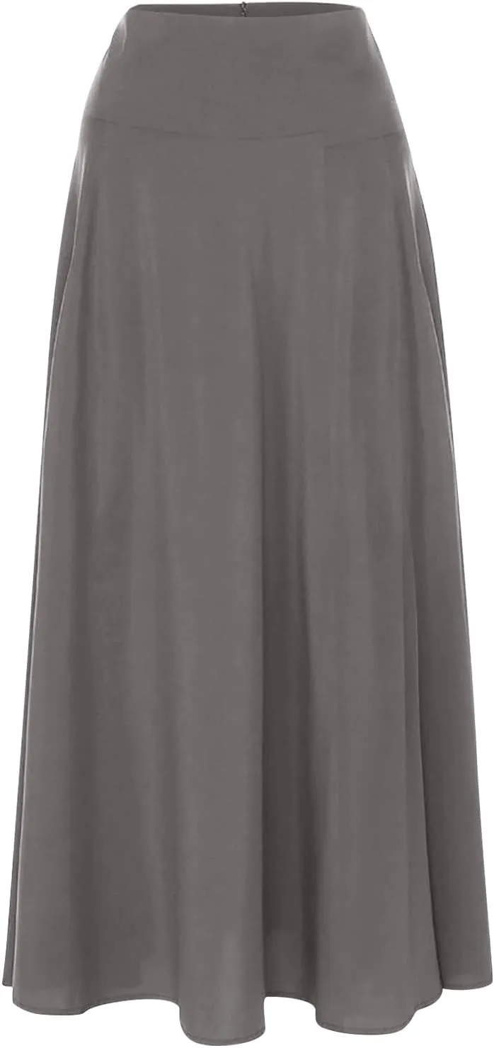 Women's Vintage Pleated Maxi Skirt Tummy Control Elegant Flowy Skirts with Pockets Party Evening High Waist Dress
