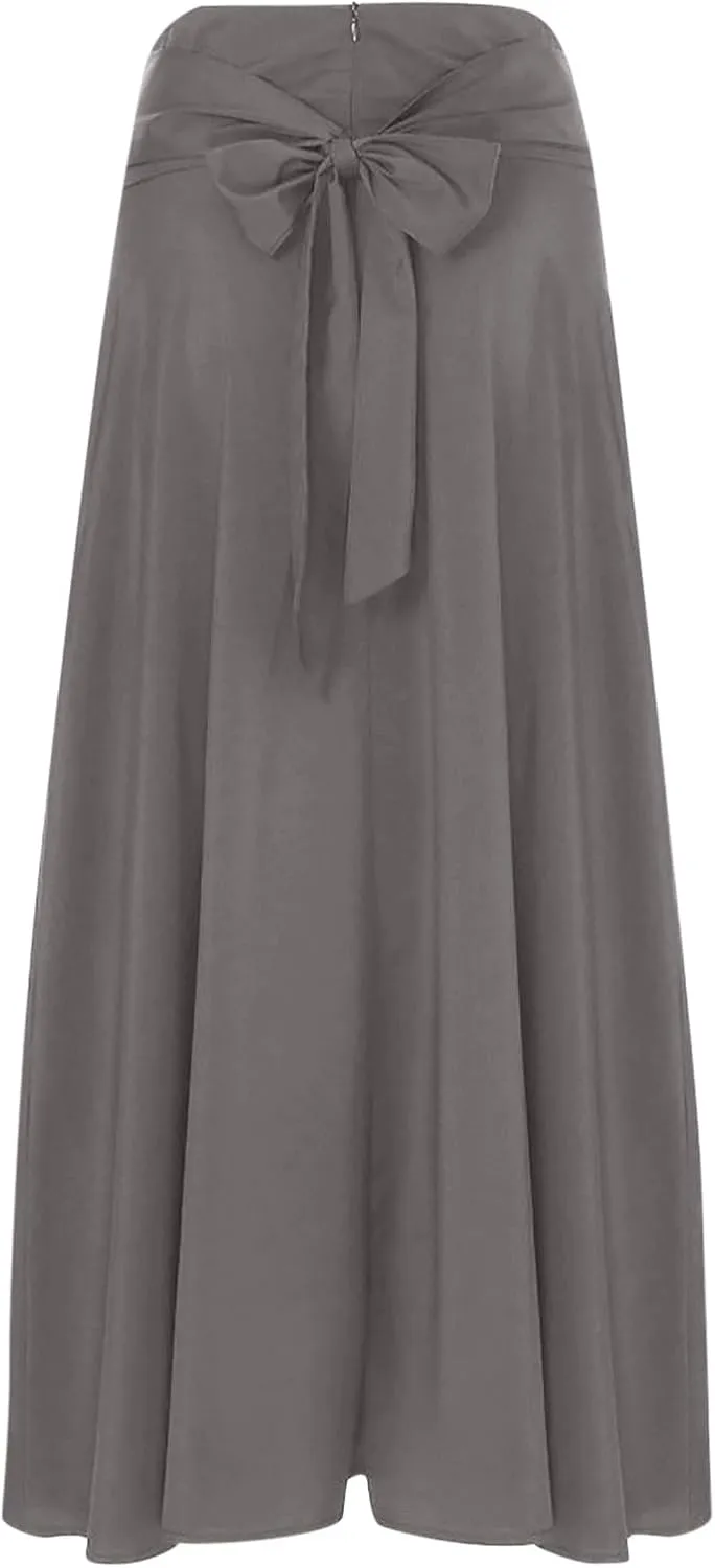 Women's Vintage Pleated Maxi Skirt Tummy Control Elegant Flowy Skirts with Pockets Party Evening High Waist Dress