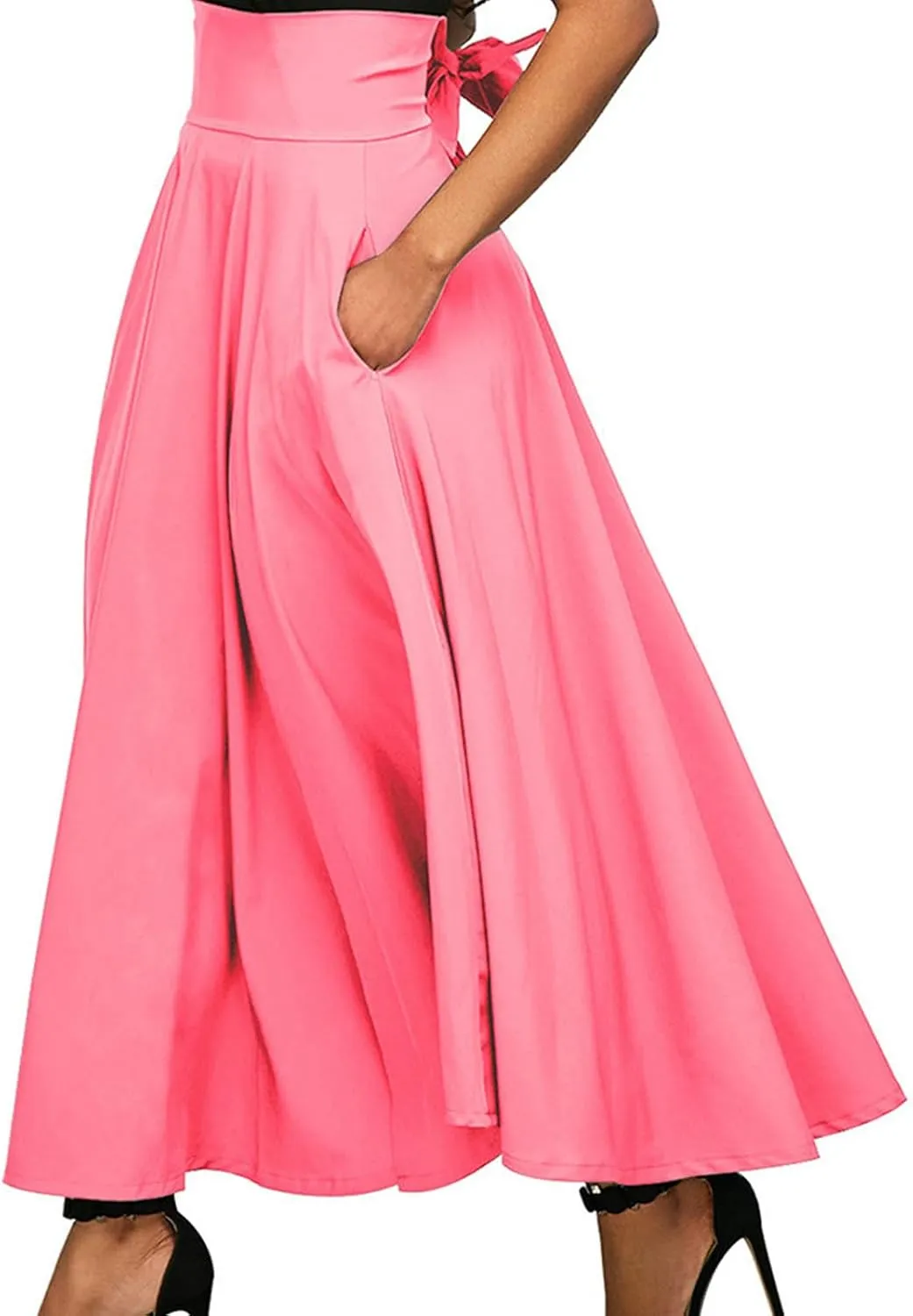 Women's Vintage Pleated Maxi Skirt Tummy Control Elegant Flowy Skirts with Pockets Party Evening High Waist Dress