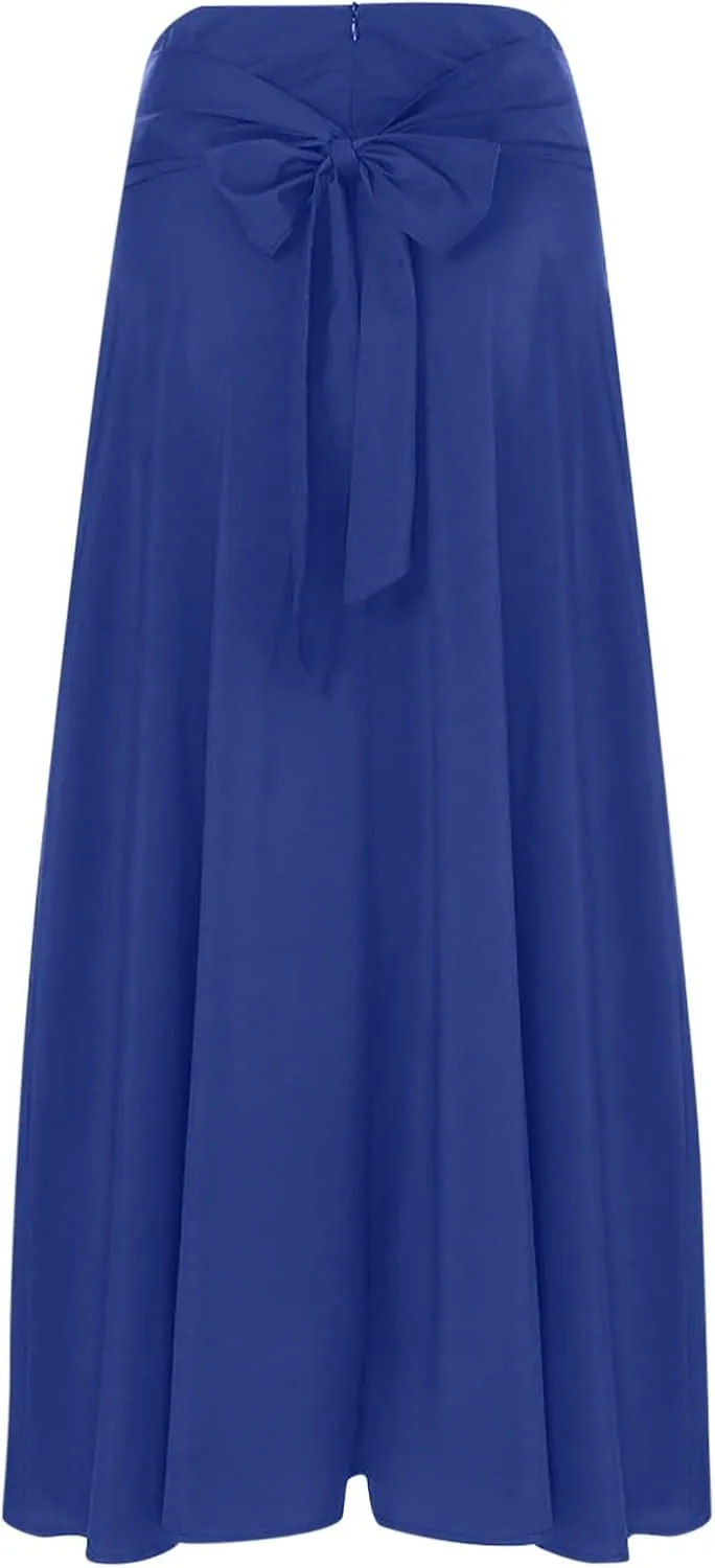 Women's Vintage Pleated Maxi Skirt Tummy Control Elegant Flowy Skirts with Pockets Party Evening High Waist Dress