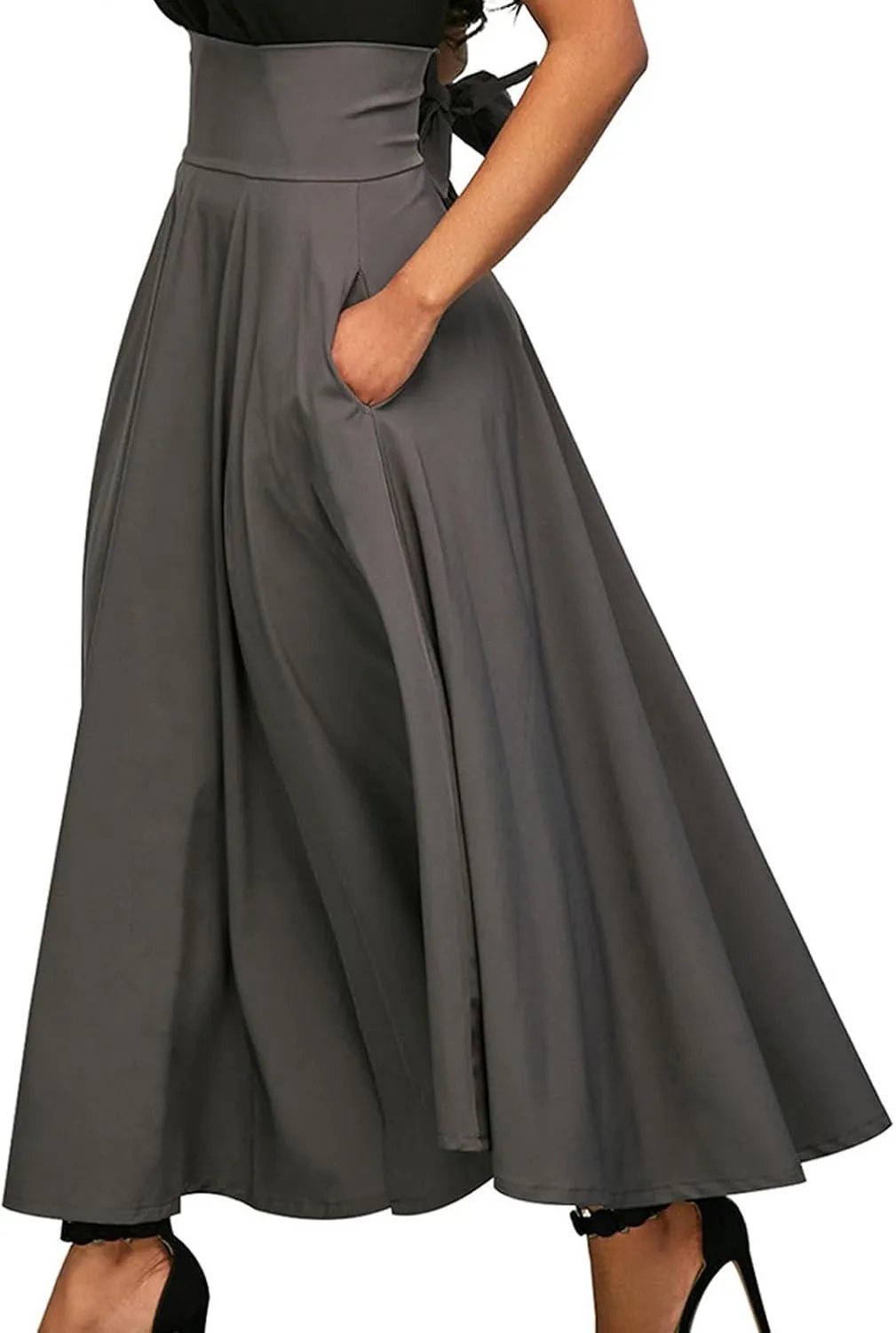 Women's Vintage Pleated Maxi Skirt Tummy Control Elegant Flowy Skirts with Pockets Party Evening High Waist Dress