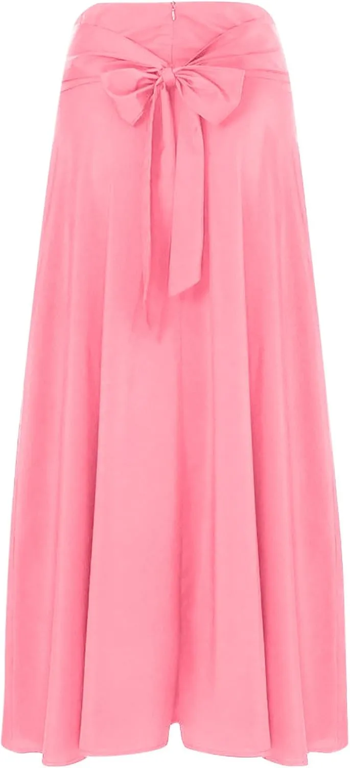 Women's Vintage Pleated Maxi Skirt Tummy Control Elegant Flowy Skirts with Pockets Party Evening High Waist Dress