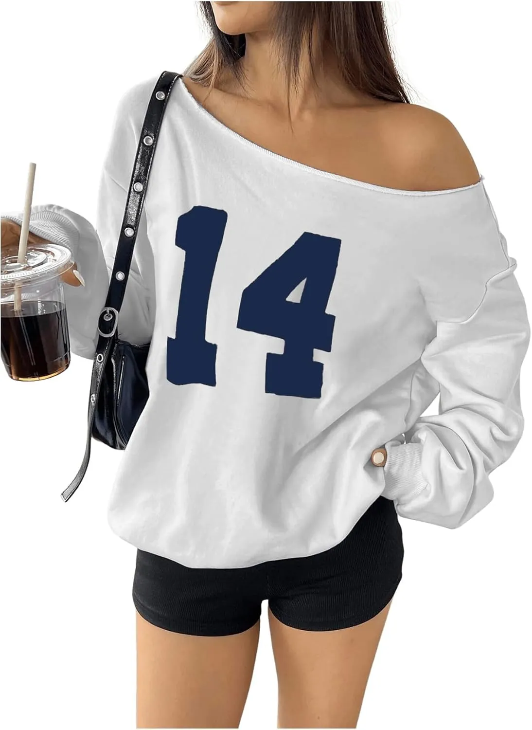 Women's Y2K Jersey Sweatshirt Number Print Off Shoulder Sweatshirt Long Sleeve Asymmetrical Shoulder Loose T Shirt