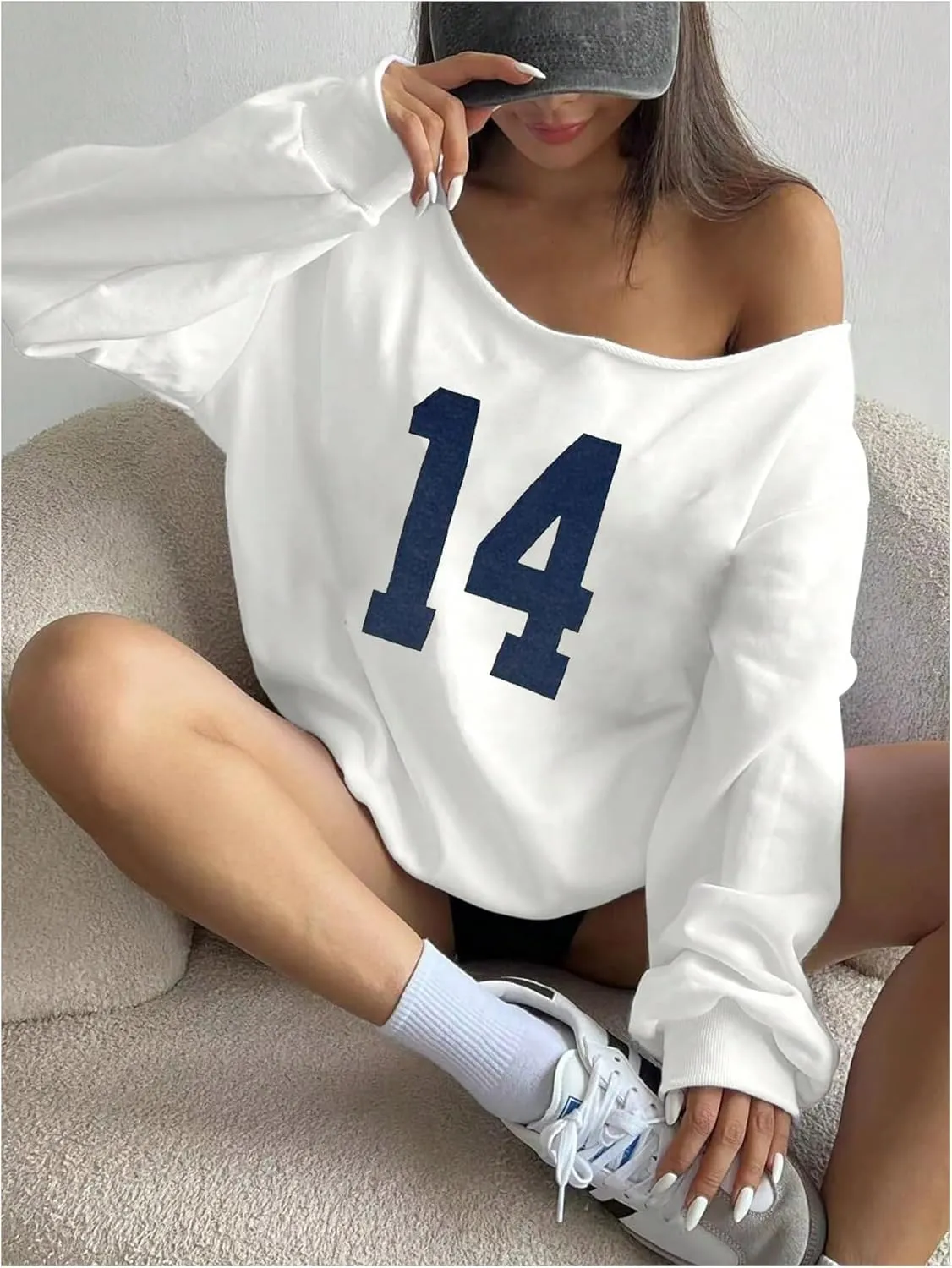 Women's Y2K Jersey Sweatshirt Number Print Off Shoulder Sweatshirt Long Sleeve Asymmetrical Shoulder Loose T Shirt