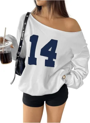 Women's Y2K Jersey Sweatshirt Number Print Off Shoulder Sweatshirt Long Sleeve Asymmetrical Shoulder Loose T Shirt