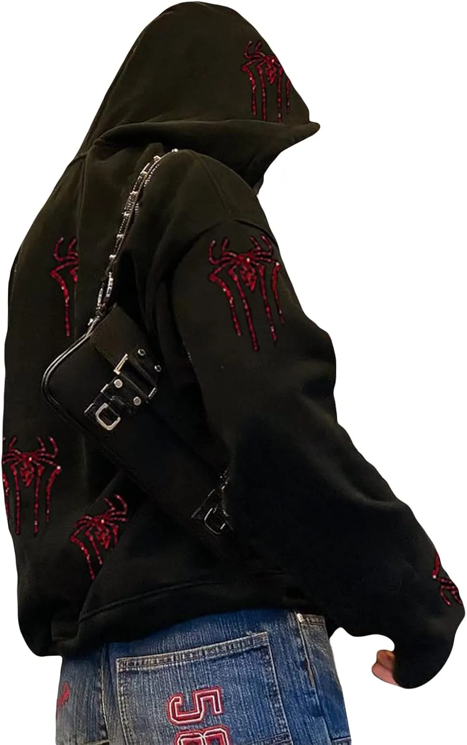 Womens Y2k Zip Up Spider Graphic Hoodie Halloween Rhinestone Oversized Hoodies Vintage Goth Grunge Jacket Streetwear