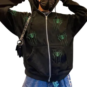 Womens Y2k Zip Up Spider Graphic Hoodie Halloween Rhinestone Oversized Hoodies Vintage Goth Grunge Jacket Streetwear
