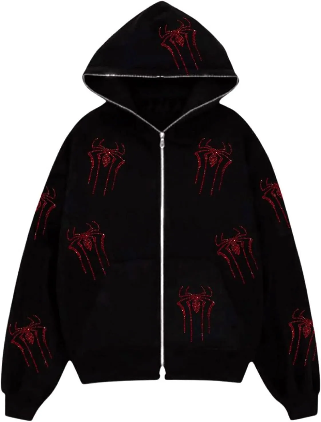 Womens Y2k Zip Up Spider Graphic Hoodie Halloween Rhinestone Oversized Hoodies Vintage Goth Grunge Jacket Streetwear