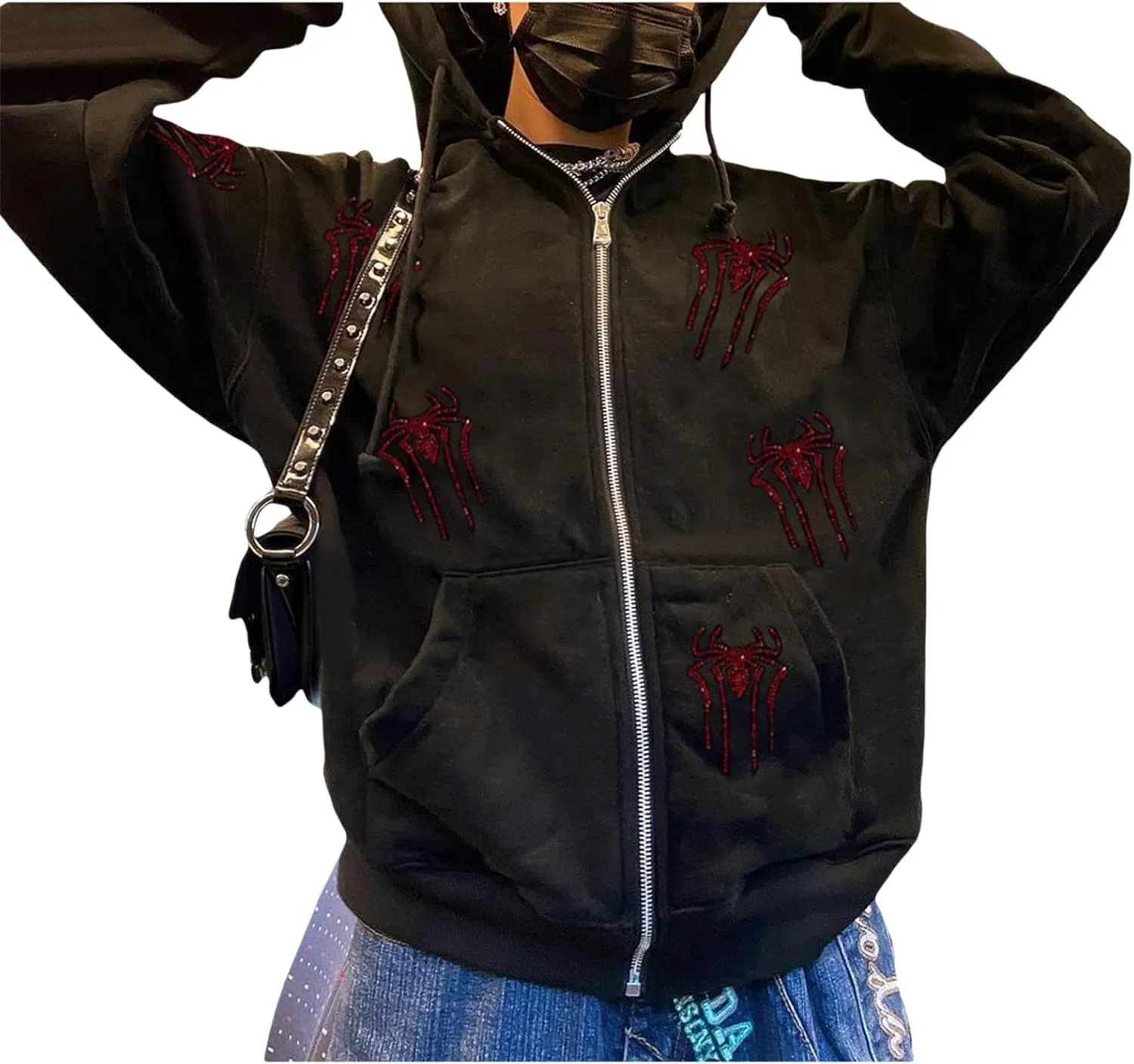 Womens Y2k Zip Up Spider Graphic Hoodie Halloween Rhinestone Oversized Hoodies Vintage Goth Grunge Jacket Streetwear