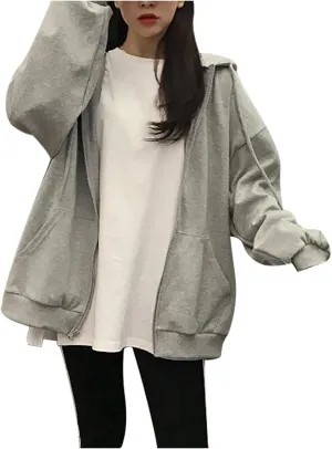 Womens Zip Up Hoodie Plus Size Oversized Grunge Aesthetic Y2K Hoodie for Teen Girls Fashion Loose Fit Sweatshirts