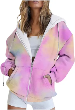 Womens Zip Up Hoodies Long Sleeve Oversized Gradient Sweatshirts Lightweight Y2K Jacket Pockets Fall Outfits Fashion Clothes