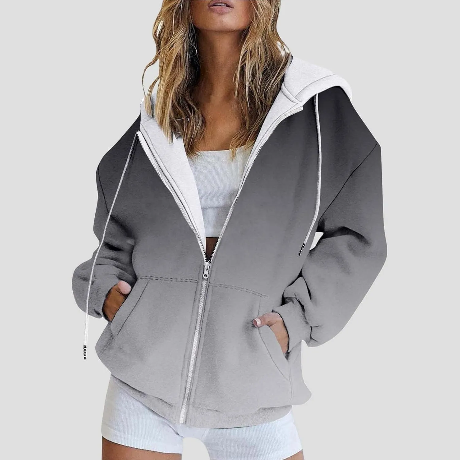 Womens Zip Up Hoodies Long Sleeve Oversized Gradient Sweatshirts Lightweight Y2K Jacket Pockets Fall Outfits Fashion Clothes