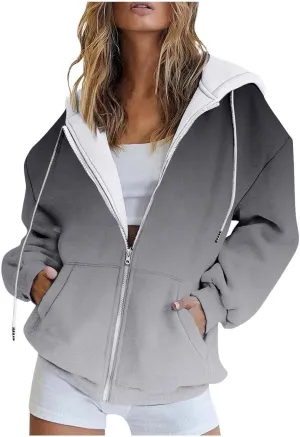 Womens Zip Up Hoodies Long Sleeve Oversized Gradient Sweatshirts Lightweight Y2K Jacket Pockets Fall Outfits Fashion Clothes