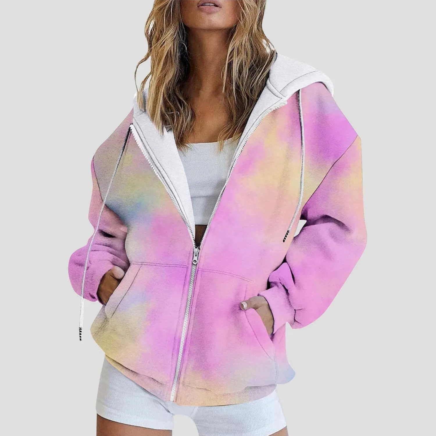 Womens Zip Up Hoodies Long Sleeve Oversized Gradient Sweatshirts Lightweight Y2K Jacket Pockets Fall Outfits Fashion Clothes