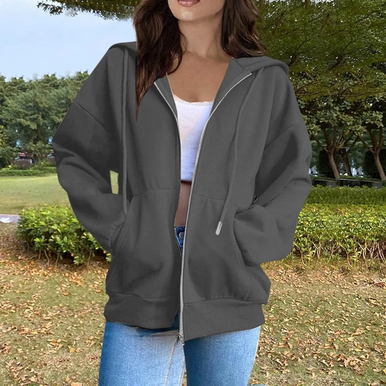 Womens Zip up Hoodies Long Sleeve Sweatshirts with Hood Fall Outfits Oversized Sweaters Casual Fashion Jackets 2024
