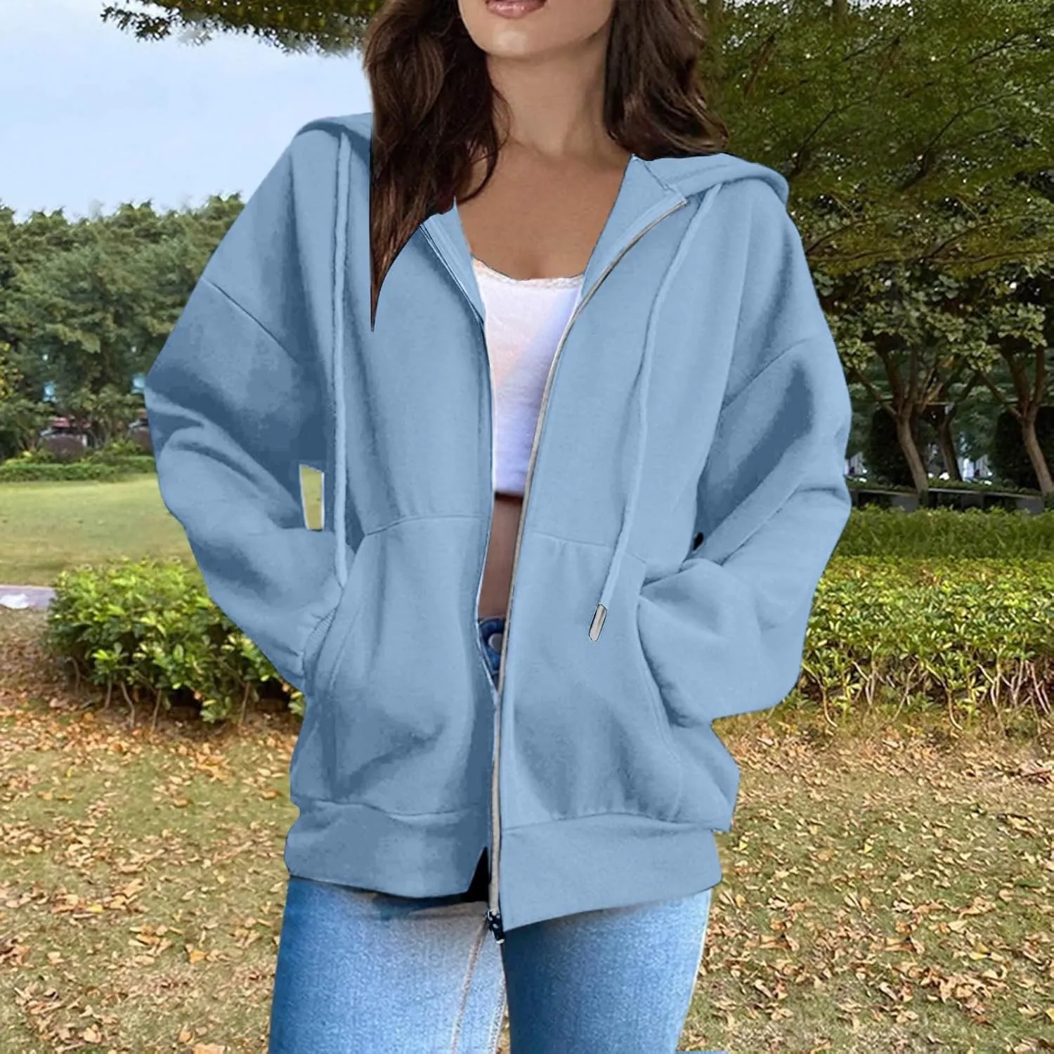 Womens Zip up Hoodies Long Sleeve Sweatshirts with Hood Fall Outfits Oversized Sweaters Casual Fashion Jackets 2024