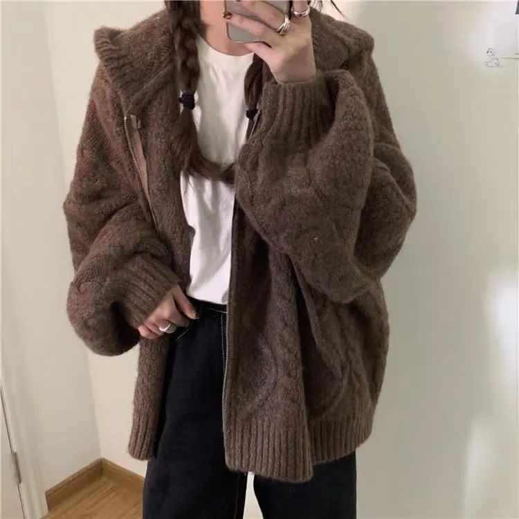 Women's Zip Up Hoodies Sweater Y2K Preppy Oversized Grandpa Sweaters Cable Knit Sweatshirts Old Money Clothing