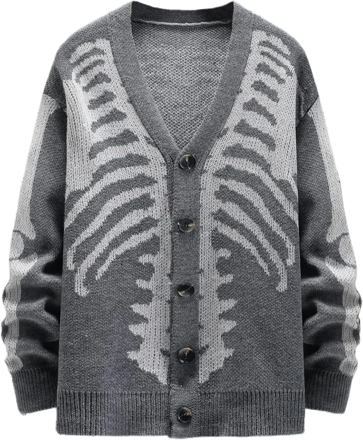 Wyeysyt Men's Skeleton Print Cardigan Sweaters Long Sleeve Oversized V Neck Button Down Outwear Coats
