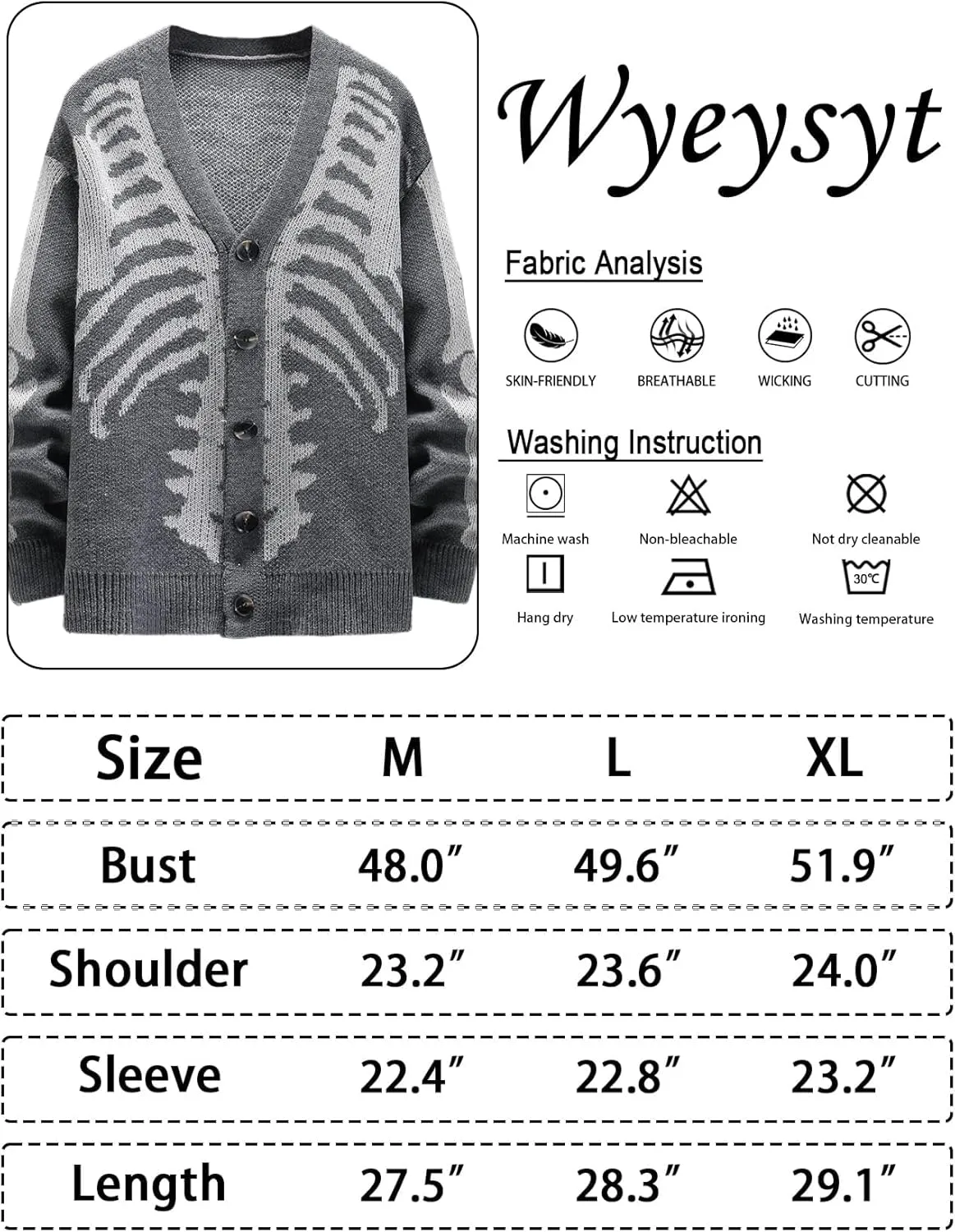 Wyeysyt Men's Skeleton Print Cardigan Sweaters Long Sleeve Oversized V Neck Button Down Outwear Coats