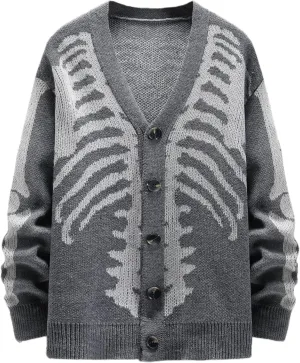 Wyeysyt Men's Skeleton Print Cardigan Sweaters Long Sleeve Oversized V Neck Button Down Outwear Coats