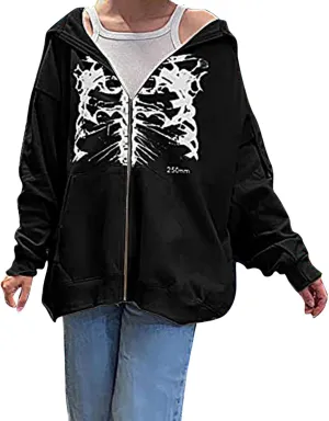 Y2K Hoodies for Women Full Zip Up Print Graphic Oversized Pockets Hooded Jacket 90s Long Sleeve Sweatshirt Coat Streetwear