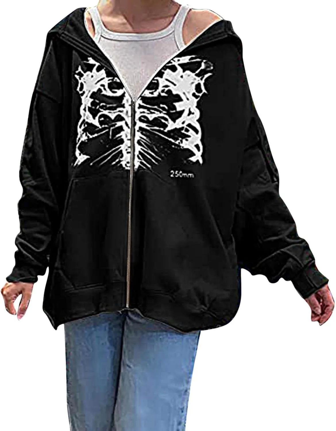 Y2K Hoodies for Women Full Zip Up Print Graphic Oversized Pockets Hooded Jacket 90s Long Sleeve Sweatshirt Coat Streetwear