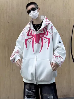 Y2K Spider Web Printed Hoodie Hat Visual Hoodie Gothic Couple Spider Web Printed Zipper Hoodie Multicolor