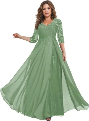 YAUTKA Floral Sequins Mother of The Bride Dresses for Wedding 3/4 Sleeves Lace Chiffon Formal Dress for Women 2025