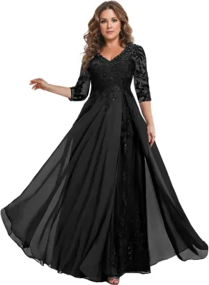YAUTKA Floral Sequins Mother of The Bride Dresses for Wedding 3/4 Sleeves Lace Chiffon Formal Dress for Women 2025