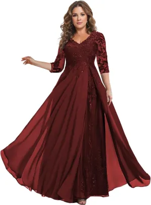 YAUTKA Floral Sequins Mother of The Bride Dresses for Wedding 3/4 Sleeves Lace Chiffon Formal Dress for Women 2025