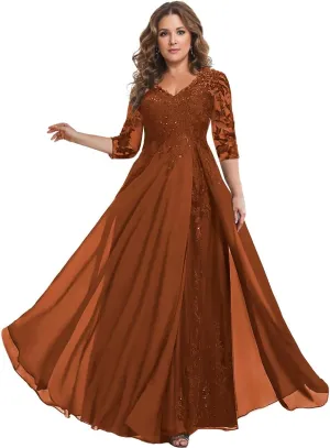 YAUTKA Floral Sequins Mother of The Bride Dresses for Wedding 3/4 Sleeves Lace Chiffon Formal Dress for Women 2025