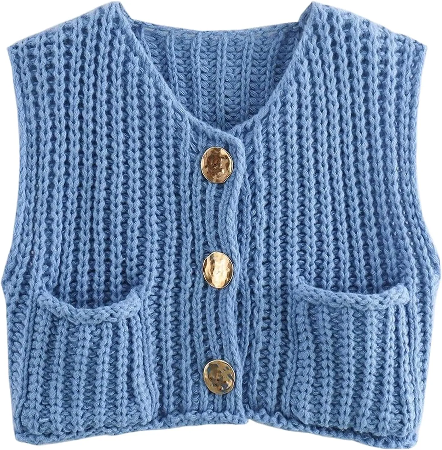 Yimoon Sweater Vest Women Sleeveless Cropped Button Down Chunky Knit Cardigan Casual Knitted Sweater Vest with Pockets