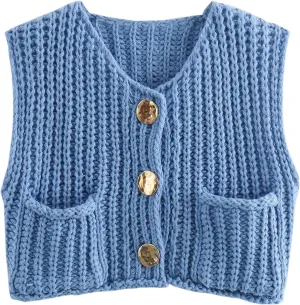 Yimoon Sweater Vest Women Sleeveless Cropped Button Down Chunky Knit Cardigan Casual Knitted Sweater Vest with Pockets