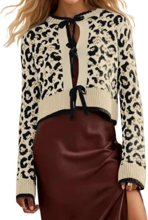 Ythomm Women Leopard Print Bow Tie Cardigan Sweaters Long Sleeve Crewneck Open Front Knit Cardigan Coats Casual Loose Outwear