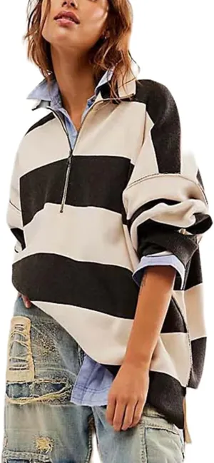Yuemengxuan Women Y2k Striped Sweatshirts Quarter Zip Pullover Sweater Oversized Sweatshirt Hoodies Fall Fashion Outfits