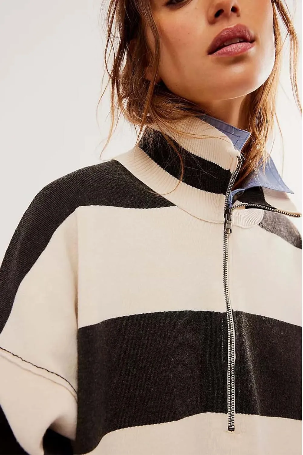Yuemengxuan Women Y2k Striped Sweatshirts Quarter Zip Pullover Sweater Oversized Sweatshirt Hoodies Fall Fashion Outfits
